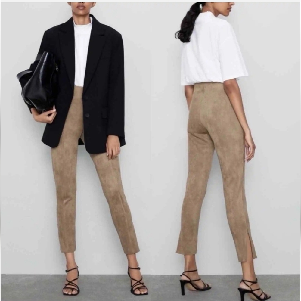 ZARA- Faux Suede TAN Skinny Pants High Rise Zip-Ankle Elastic Waist Sz…